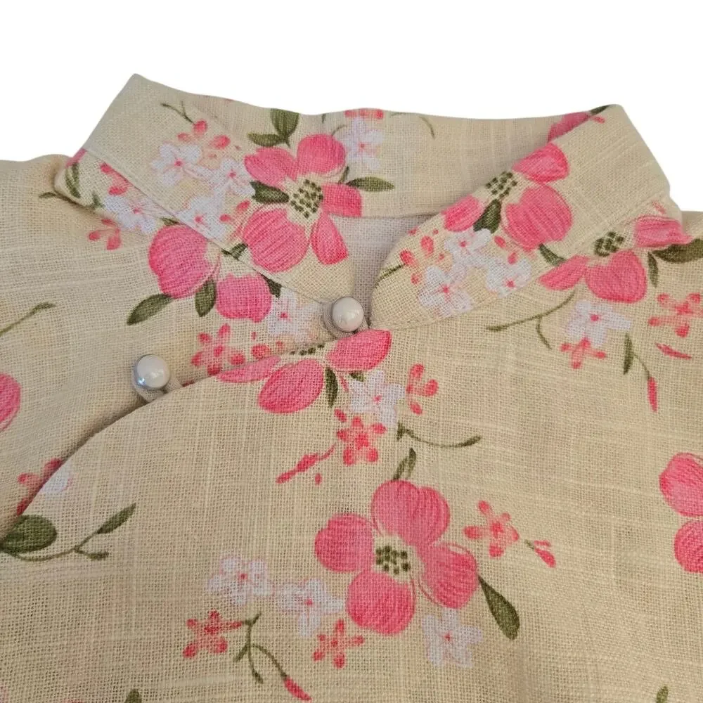 Authentic Chinese Qipao Floral Linen Blend Mandarin Collar Cottagecore Dress L